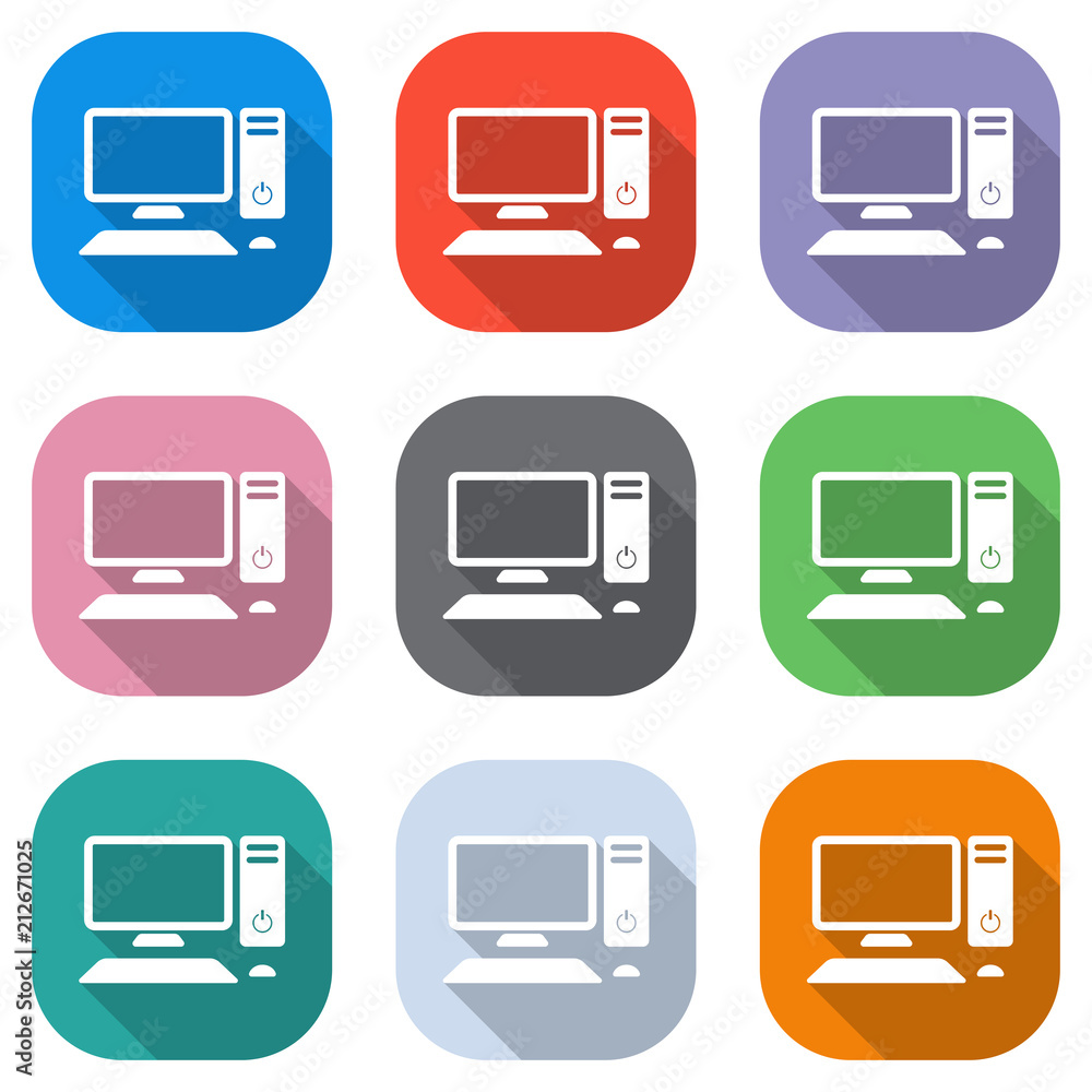 Poster personal computer, pc. system unit, monitor, keyboard and mouse. set of white icons on colored squar