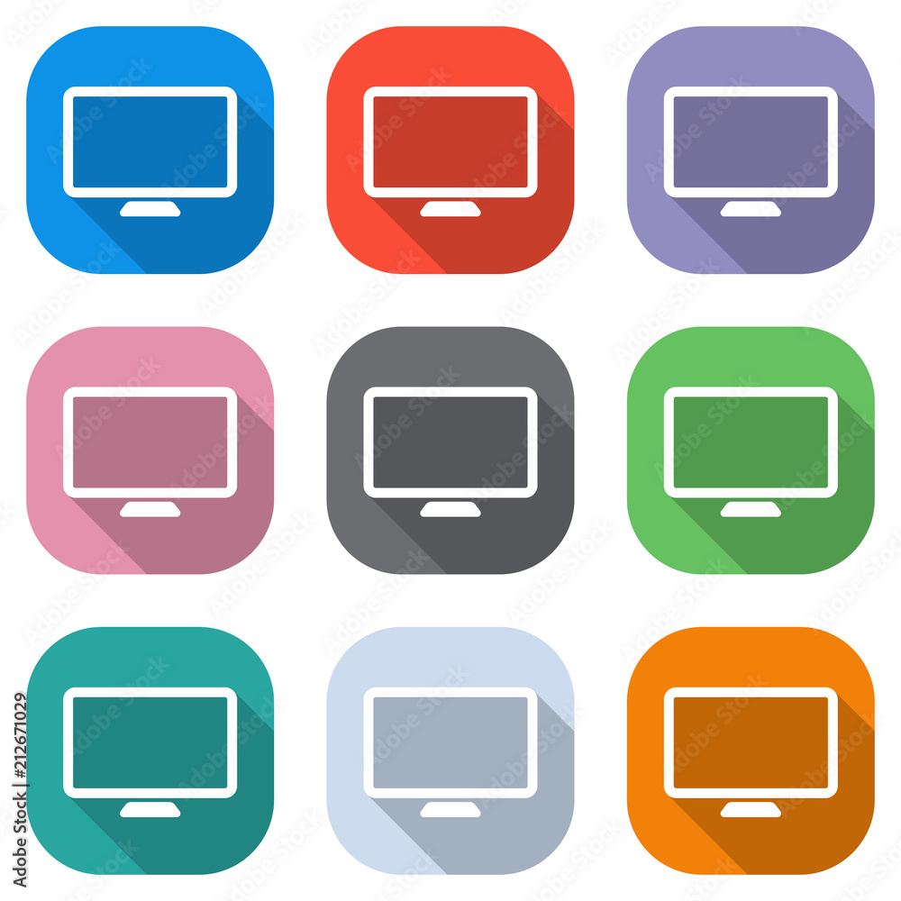 Poster computer monitor or modern tv. simple icon. set of white icons on colored squares for applications. 