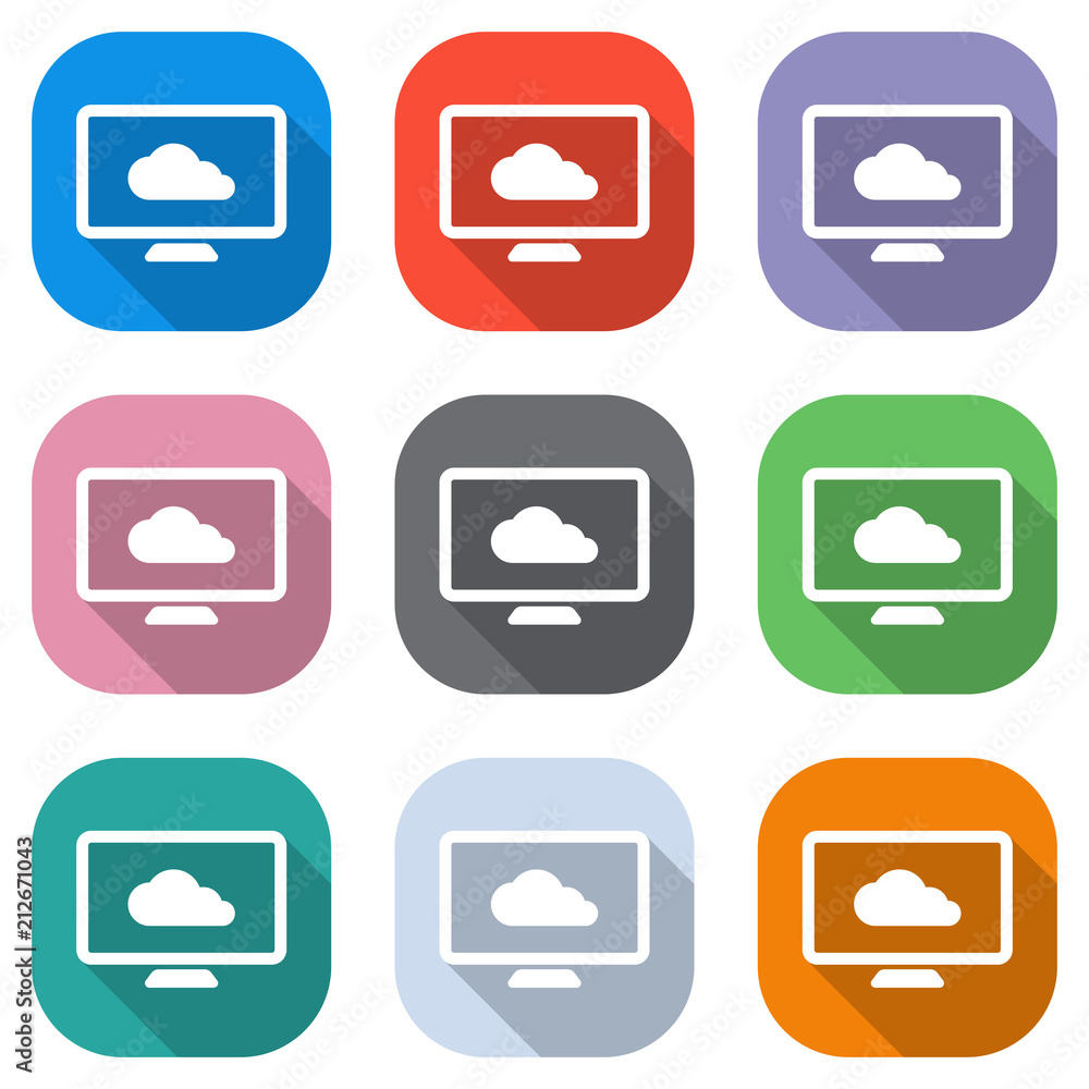 Poster database, cloud technology, computer and cloud. simple icon. set of white icons on colored squares f