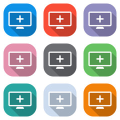 computer and medical cross, medical site. simple icon. Set of white icons on colored squares for applications. Seamless and pattern for poster