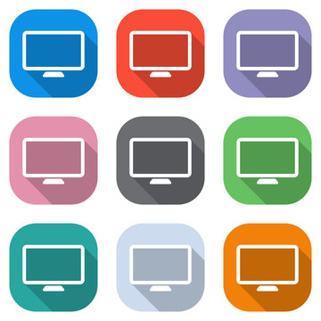 Computer monitor or modern TV. Simple icon. Set of white icons on colored squares for applications. Seamless and pattern for poster