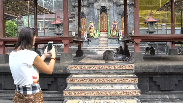 A woman photographs on a smartphone monkey on the territory of a Buddhist temple