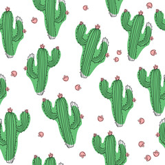 Hand draw vector cactus seamless pattern on isolated white background. Сontinuous line drawing.
