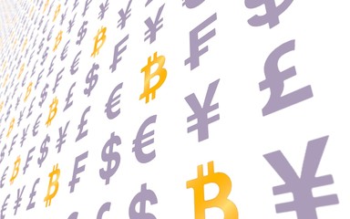 Bitcoin and currency on a white background. Digital Cryptocurrency symbol. Business concept. Market Display. 3D illustration
