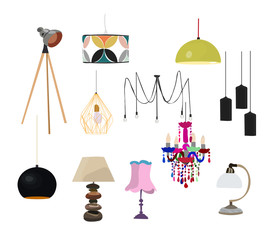 lamp collection. Modern interior design style.contemporary and classic.pendant, floor and table lamps.mid century modern danish.1960s.hanging bulbs.realistic hand drawn colorful elements set.