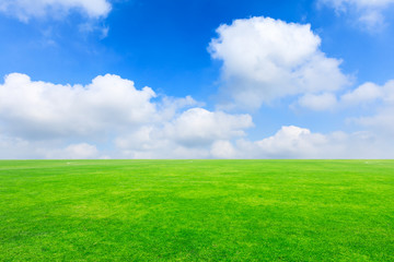 Fototapeta na wymiar Green football field under blue sky background