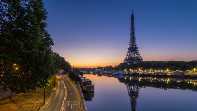 Eiffel Tower and the Seine river night to day timelapse, Paris, France