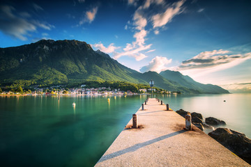 Sunset at Port Valais town with Swiss Alps near Montreux, Switzerland, Europe - obrazy, fototapety, plakaty