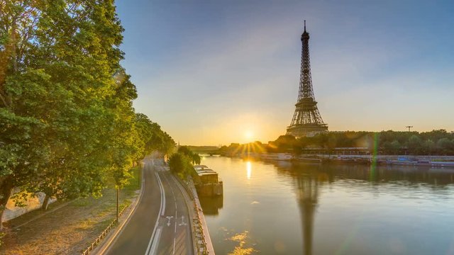 Eiffel Tower and the Seine river at Sunrise timelapse, Paris, France