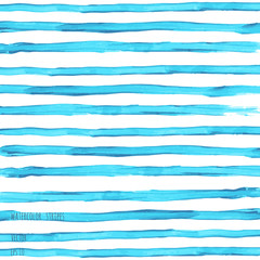 Vector turquoise blue watercolor painted striped texture isolated on white background. Drawing by hand. Abstract marine illustration with geometric horizontal lines. Sea nautical ornament.