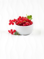 Red currant in a white bowl on a white table..