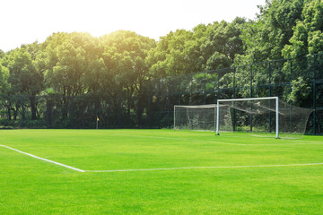 Fototapeta premium Green football field under blue sky background