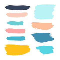 Vector grunge watercolor ink texture set of hand painted pastel powder color dry brush splashes, strokes, stains, spots, elements, stripes, lines, templates, dirty geometric shapes. Freehand drawing.