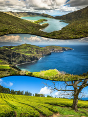 Fototapeta na wymiar Collage of Azores panoramic landscape from lagoons Portugal
