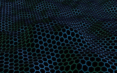 Honeycomb wave effect on a blue green background. Perspective view on polygon look like honeycomb. Isometric geometry. 3D illustration