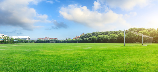 Green football field under blue sky background