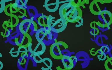 Multicolored translucent dollar signs on dark background. Green tones. 3D illustration
