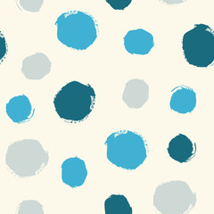 Navy, sky, cornflower, steel blue, cyan watercolor hand painted polka dot seamless pattern on beige background. Acrylic ink circles, confetti round texture. Abstract vector illustration greeting cards