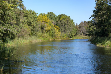 Quiet and peaceful river. Early autumn, a slight change in nature