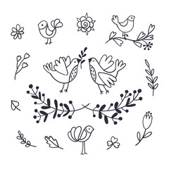 Set of lovely doodle icons. Hand-drawn birds, leaves and flowers. Wedding decor vector clipart.
