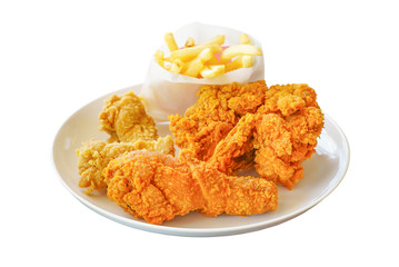 French fries and fried chicken on white plate isolated on white