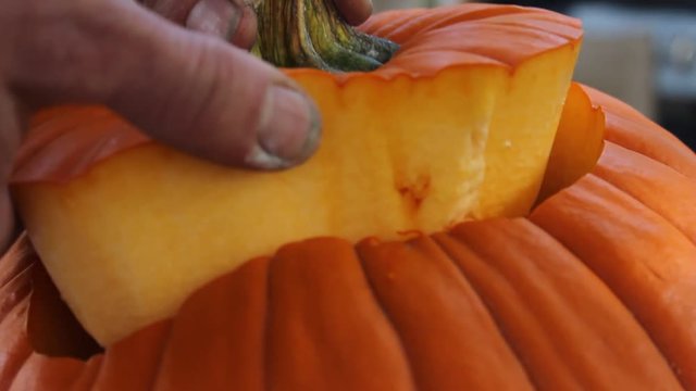 Removing the top off a pumpking to make a jack-o-lantern for Halloween