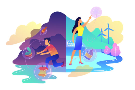 People sorting garbage trying to reach zero waste. Technology of ecological waste free journey focusing on landfill trash. Renewable resource concept, violet palette. Vector illustration on background