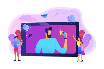People taking selfie with smartphones and selfie-sticks as a concept of selfie culture, social network, blog, vlog, self-portrait, popularity