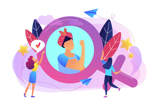 A woman image in female gender sign showing biceps as a concept of feminism, girl power, movement, female equality, equal social and civil rights. Violet palette. Vector illustration on background.