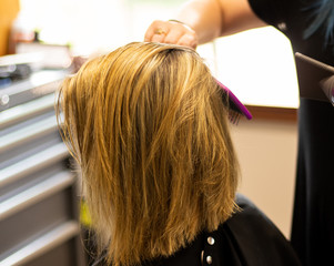 Naklejka premium Professional master hair stylist blow drying a female client's blonde hair. Highlights in hair of female client at a salon