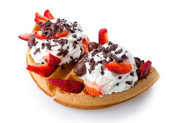 Belgium waffle with icecream, strawberies and chocolate isolated on white background