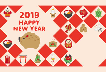 2019年亥年　縁起物の年賀状テンプレート