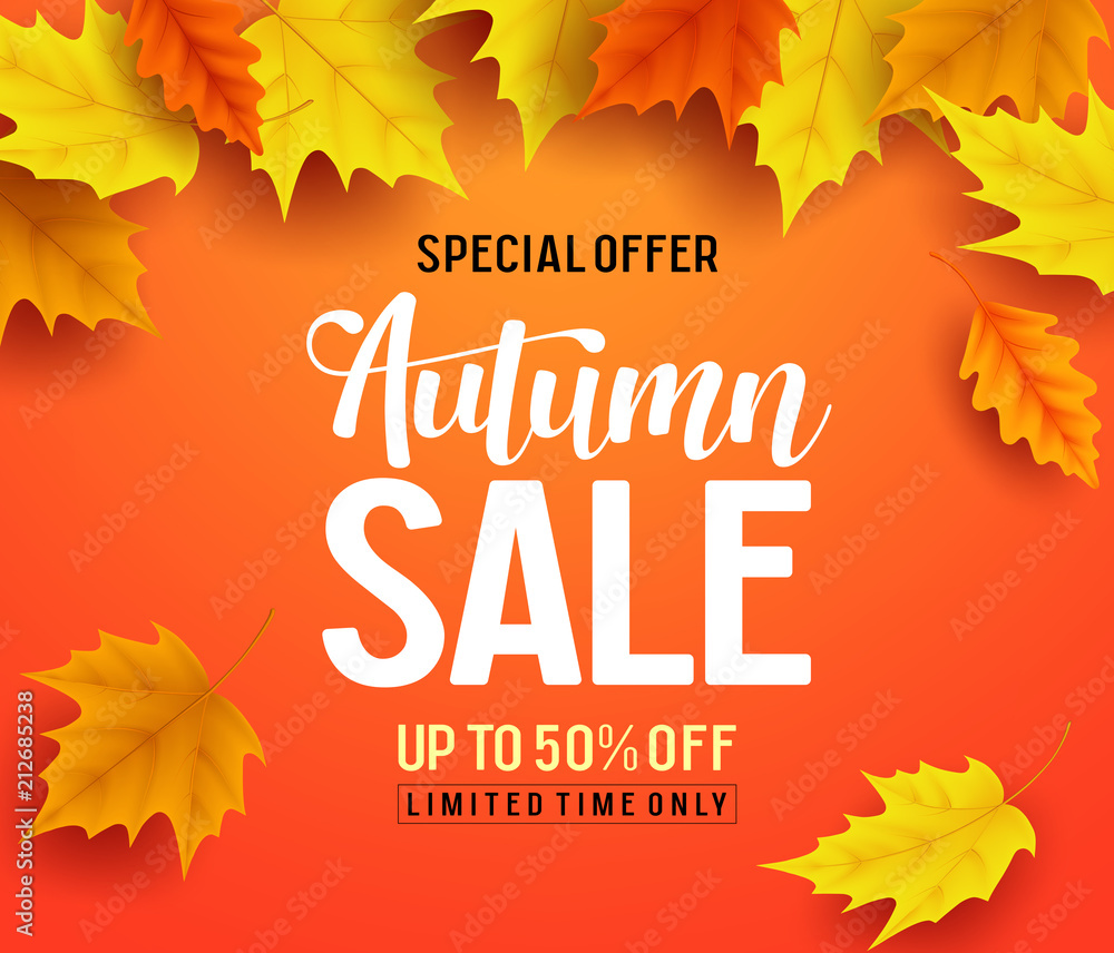 Wall mural autumn sale vector banner background with fall leaves elements, autumn typography and discount text 