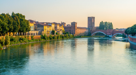 Fototapeta na wymiar Adige river near Castelvecchio, Verona, Italy