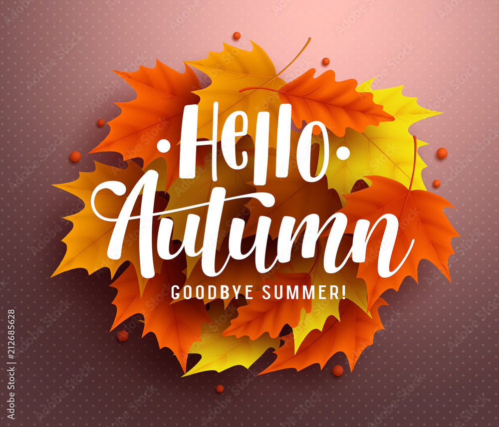 Poster hello autumn vector background design with autumn typography and maple leaves in textured background
