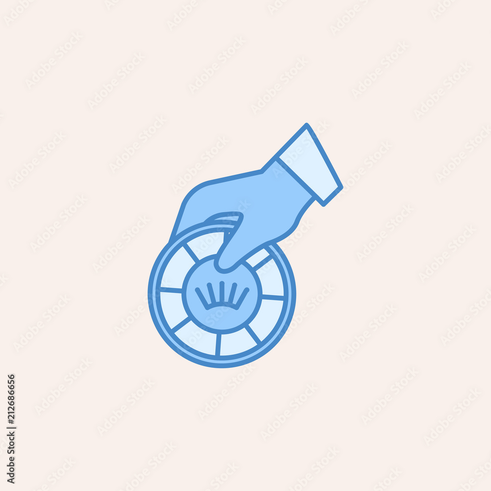 Poster the hand holds a playing chip icon. element of casino icon for mobile concept and web apps. field ou