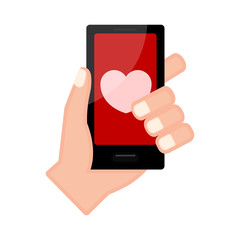 Hand holding a smartphone with a heart shape icon