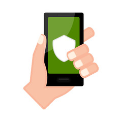 Hand holding a smartphone with a shield icon
