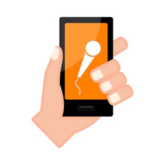 Hand holding a smartphone with a microphone icon