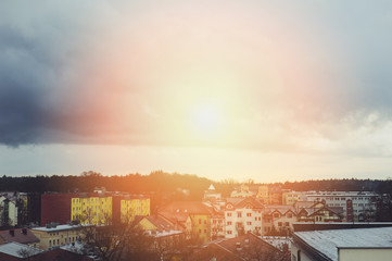 Storm dark clouds over city