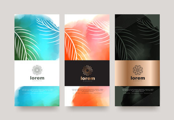 Vector set packaging templates nature luxury or premium products.logo design with trendy linear style.voucher discount, flyer, brochure.book cover vector illustration.greeting card background.