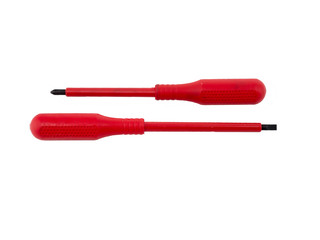 A electrical screw driver, philip type, colour red with grip, colour black. Isolated white background.