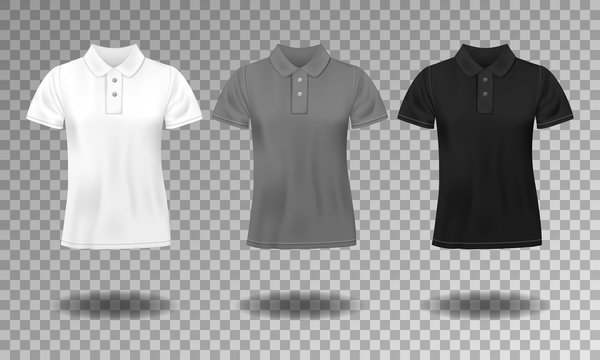 Black, white and gray realistic slim male polo t-shirt design template. Set of short sleeve t-shirts for sport, men classic polo. Vector illustration