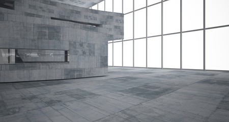 Abstract white and concrete parametric interior  with window. 3D illustration and rendering.
