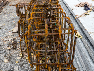 Close up construction details, details of steel reinforcements at house building construction site