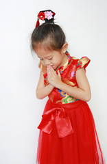 Asian girl wearing red cheongsam with Respect 