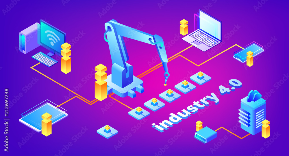 Poster industry 4.0 technology vector illustration of automation and data exchange system for manufacturing