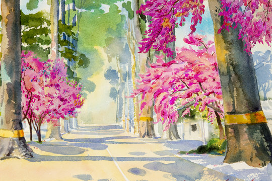 Watercolor painting of Tunnel trees with cherry blossom.