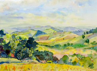 Peinture de paysage à l& 39 aquarelle de la chaîne de montagnes avec chalet.