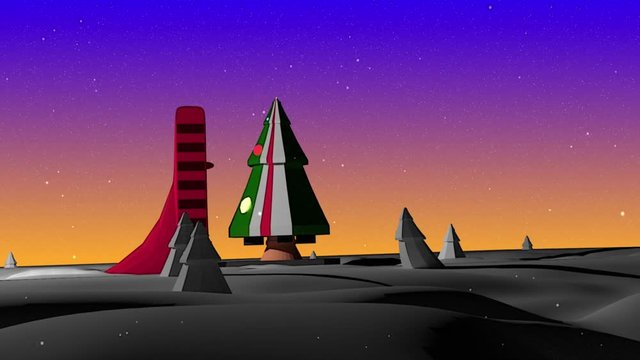 A stylized animated christmas Tree Rocket takes off from a winter launchpad